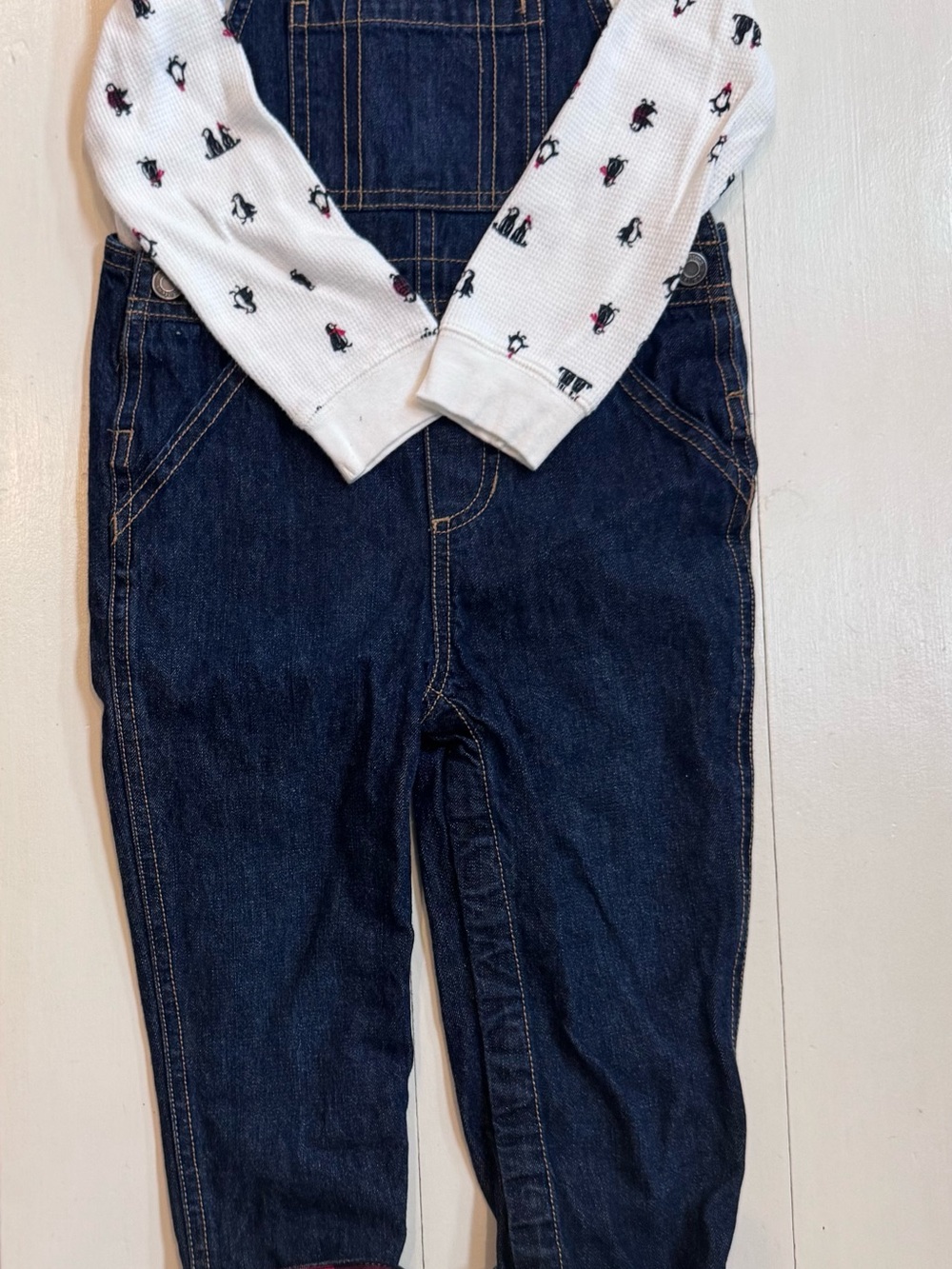 Carter's Dark Blue flannel-lined denim kids overalls with winter waffle knit